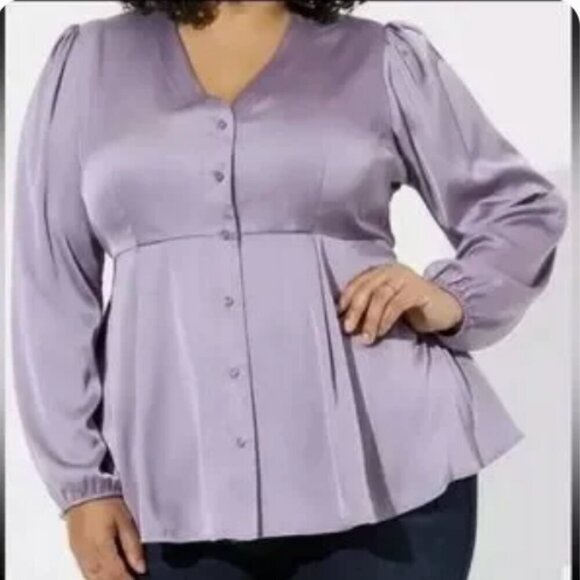 Torrid Lilac Dusk Peplum Satin Button Front Long Puff Sleeve Blouse Top sz 00 - Picture 1 of 4